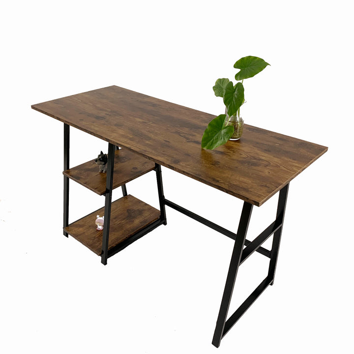 Modern and simple home office desk with double-layer shelf, retro wooden desktop, black metal frame MCGHEE VINTAGE BROWN