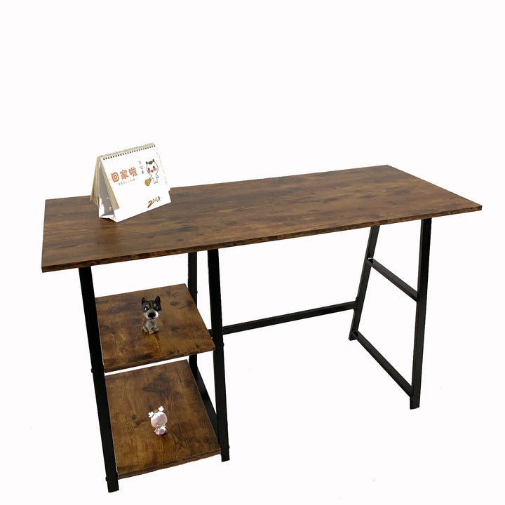 Modern and simple home office desk with double-layer shelf, retro wooden desktop, black metal frame MCGHEE VINTAGE BROWN