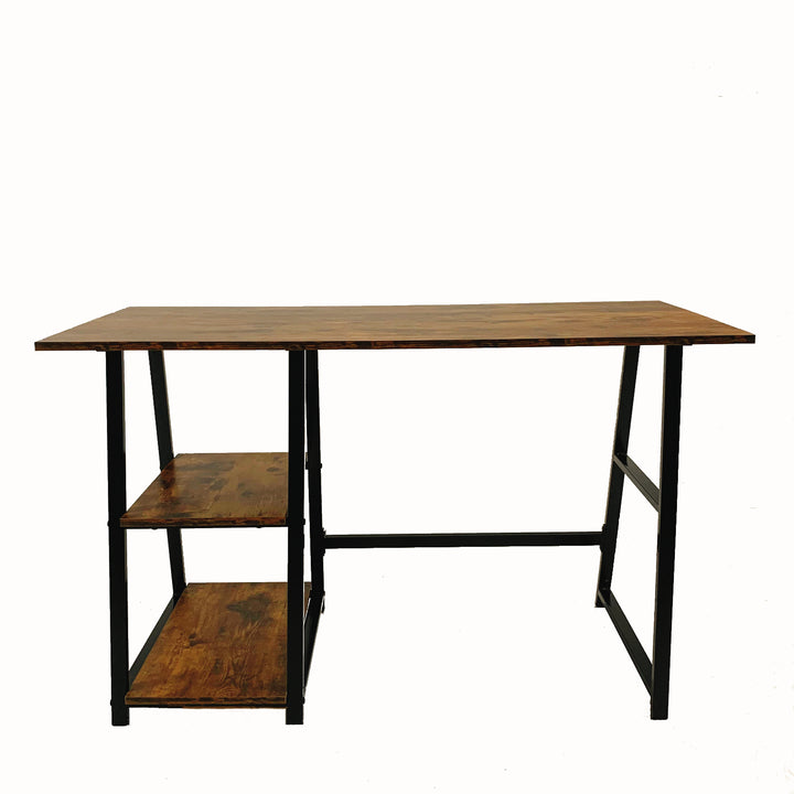 Modern and simple home office desk with double-layer shelf, retro wooden desktop, black metal frame MCGHEE VINTAGE BROWN