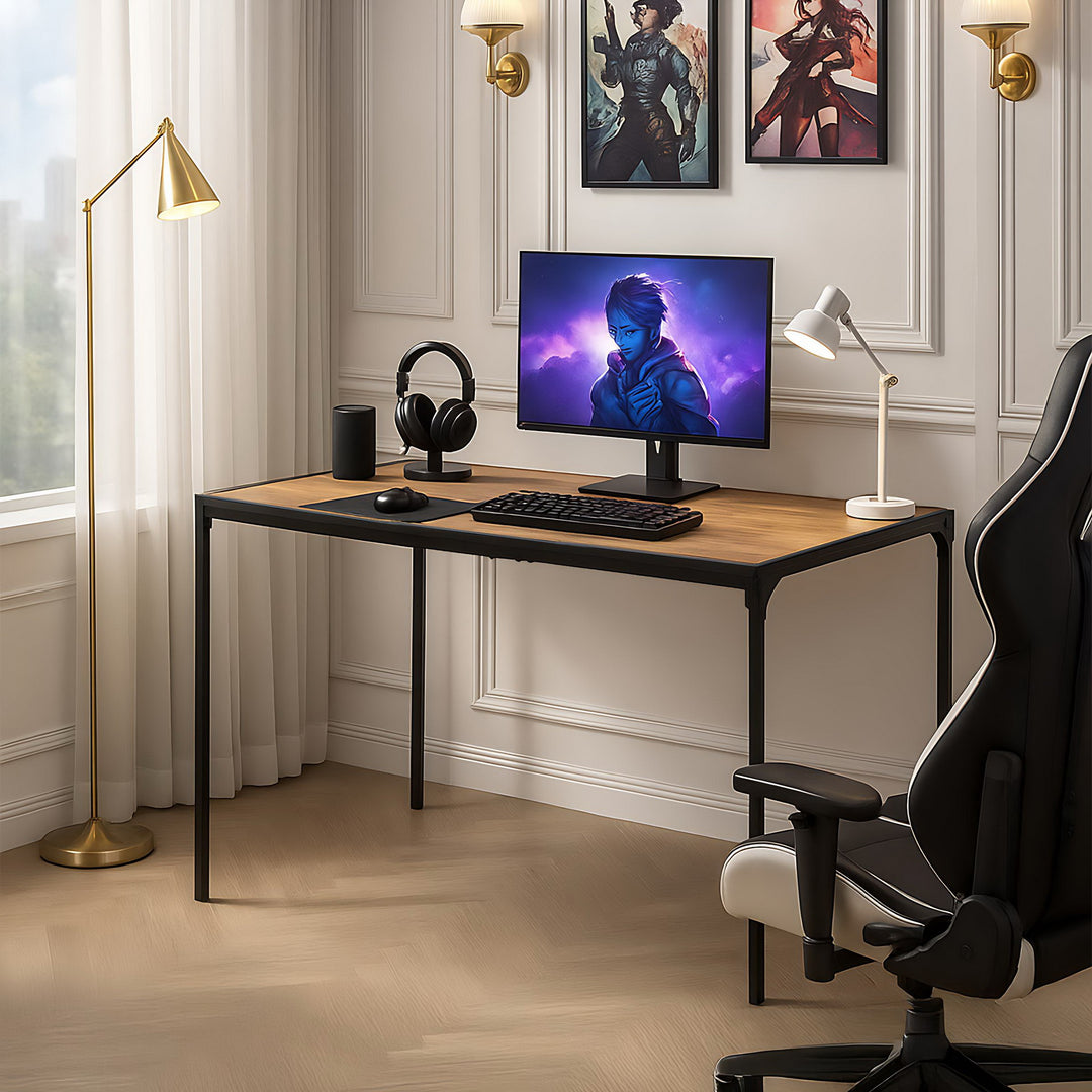 Walnut oak effect gaming desk black metal legs 120*60cm MILLIKEN 120 DARK