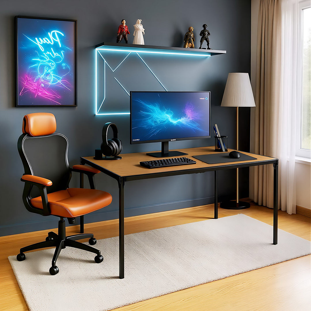 Walnut oak effect gaming desk black metal legs 120*60cm MILLIKEN 120 DARK