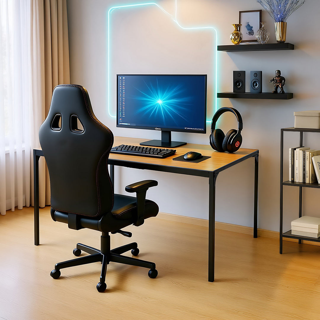 Walnut oak effect gaming desk black metal legs 120*60cm MILLIKEN 120 DARK