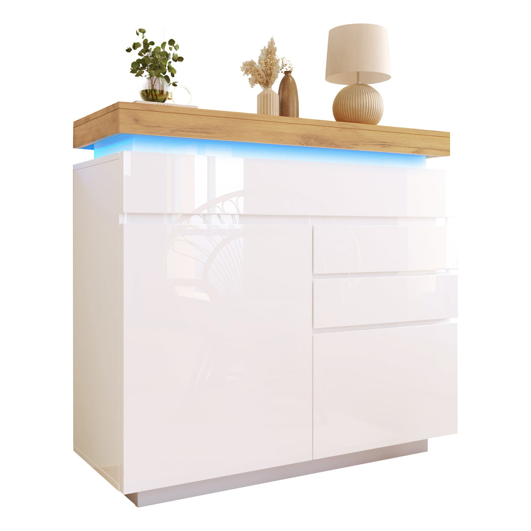 White high-gloss sideboard 2 doors and 3 drawers with LED light 115x110x39cm MIMMU UK