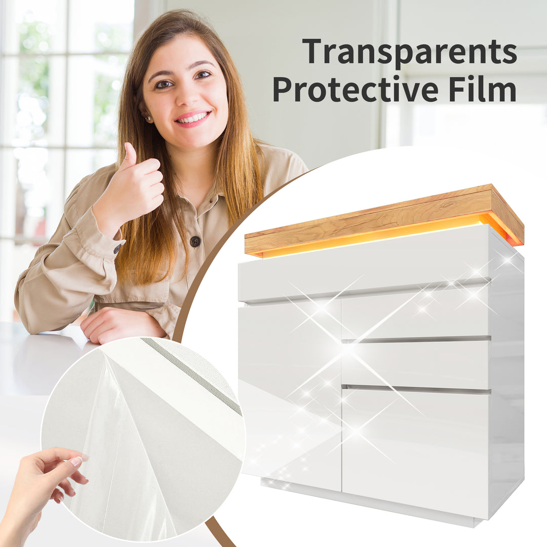 White high-gloss sideboard 2 doors and 3 drawers with LED light 115x110x39cm MIMMU UK