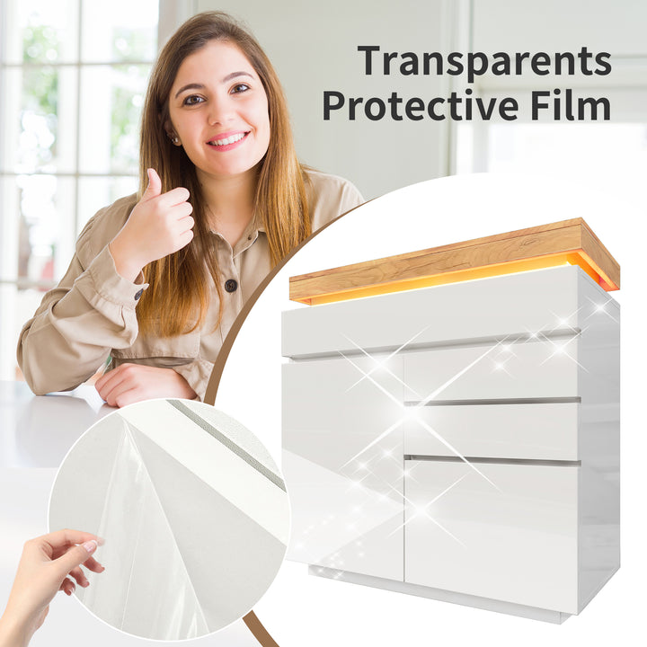 White high-gloss sideboard 2 doors and 3 drawers with LED light 115x110x39cm MIMMU UK