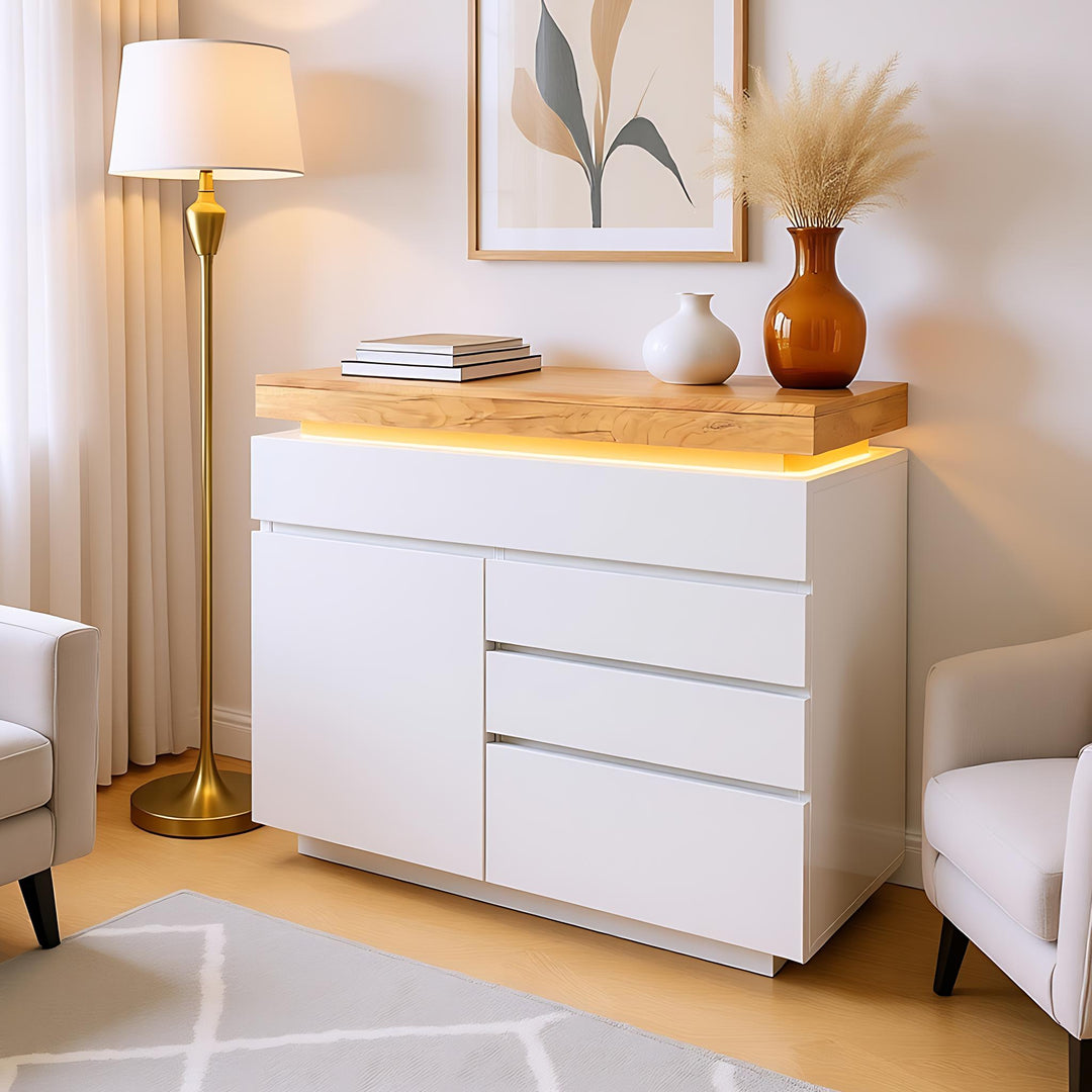 White high-gloss sideboard 2 doors and 3 drawers with LED light 115x110x39cm MIMMU UK
