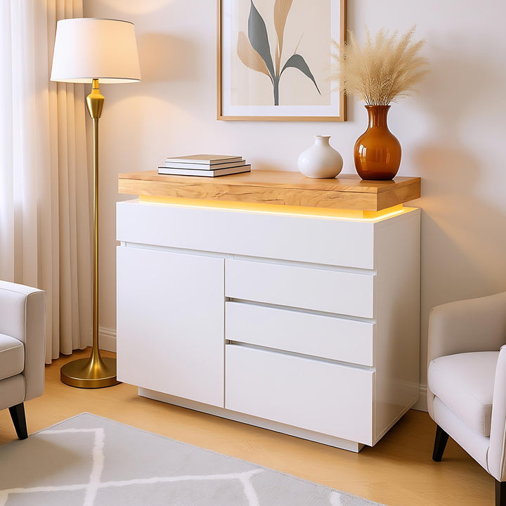 White high-gloss sideboard 2 doors and 3 drawers with LED light 115x110x39cm MIMMU UK