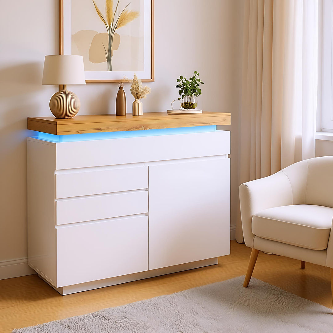 White high-gloss sideboard 2 doors and 3 drawers with LED light 115x110x39cm MIMMU UK