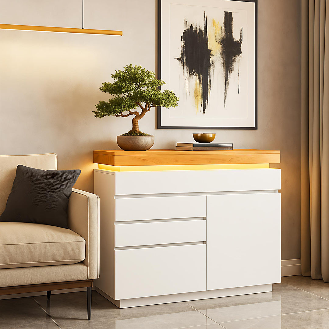 White high-gloss sideboard 2 doors and 3 drawers with LED light 115x110x39cm MIMMU UK
