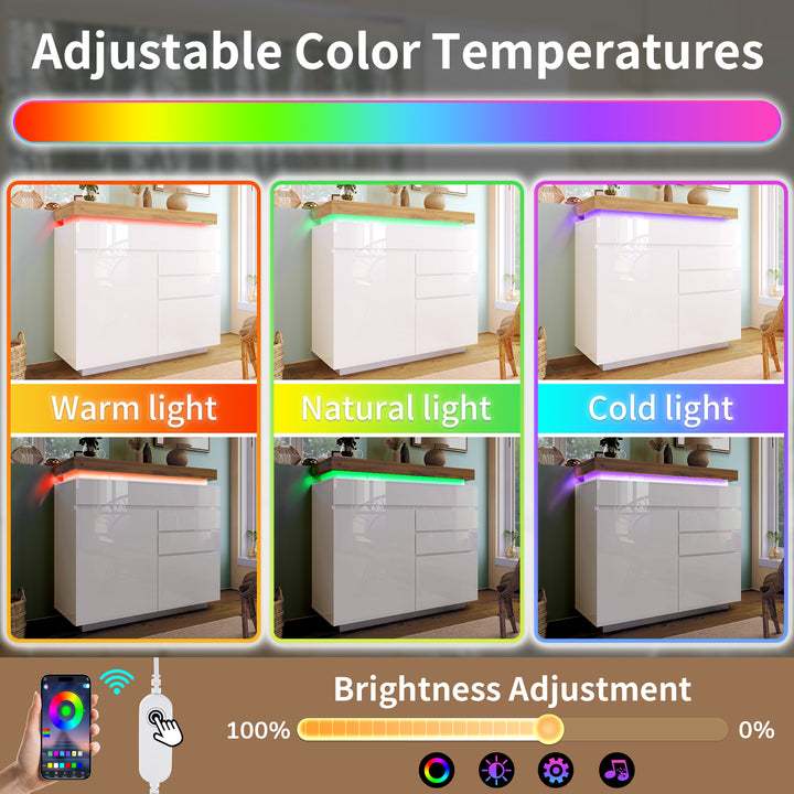White high-gloss sideboard 2 doors and 3 drawers with LED light 115x110x39cm MIMMU UK