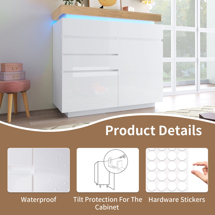 White high-gloss sideboard 2 doors and 3 drawers with LED light 115x110x39cm MIMMU UK