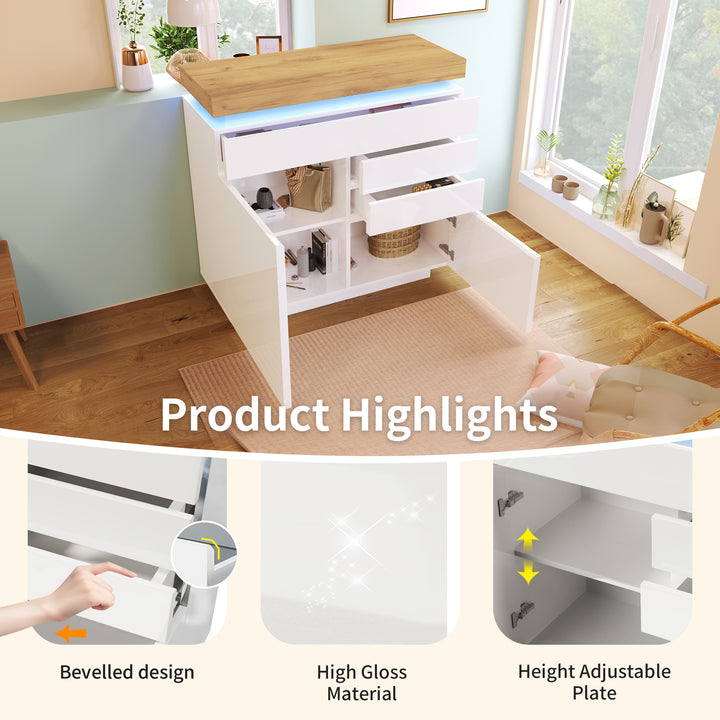 White high-gloss sideboard 2 doors and 3 drawers with LED light 115x110x39cm MIMMU UK