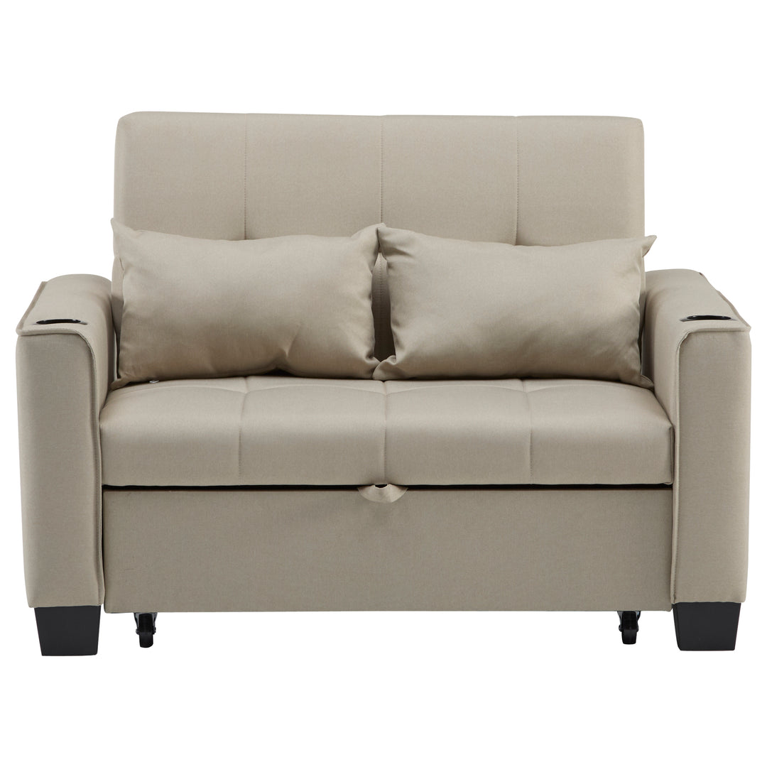 Beige fabric convertible 2-seater pull-out sofa bed, adjustable backrest, storage pockets CLOUDSTONE