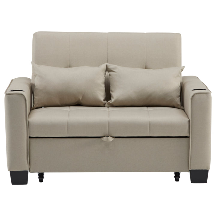 Beige fabric convertible 2-seater pull-out sofa bed, adjustable backrest, storage pockets CLOUDSTONE