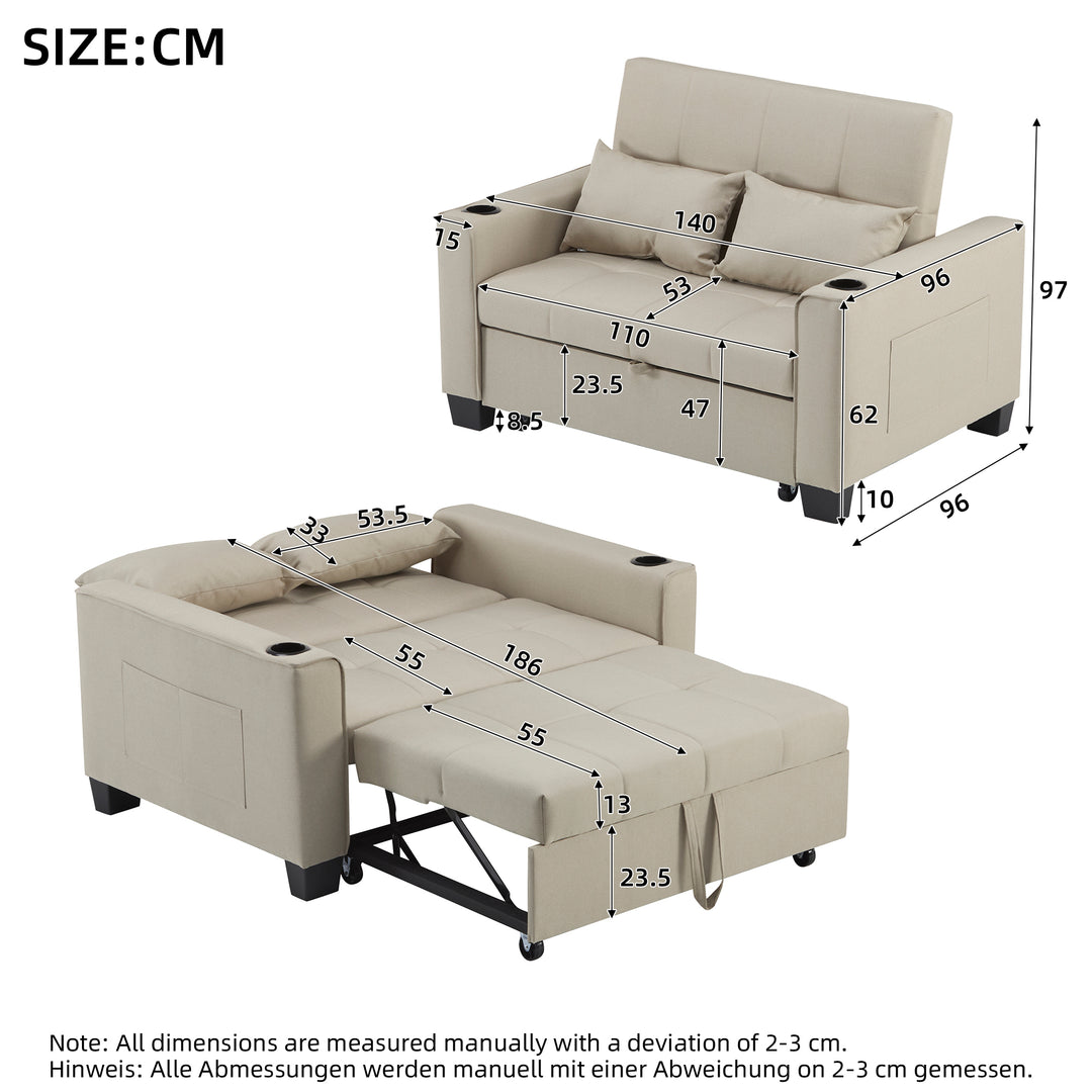 Beige fabric convertible 2-seater pull-out sofa bed, adjustable backrest, storage pockets CLOUDSTONE