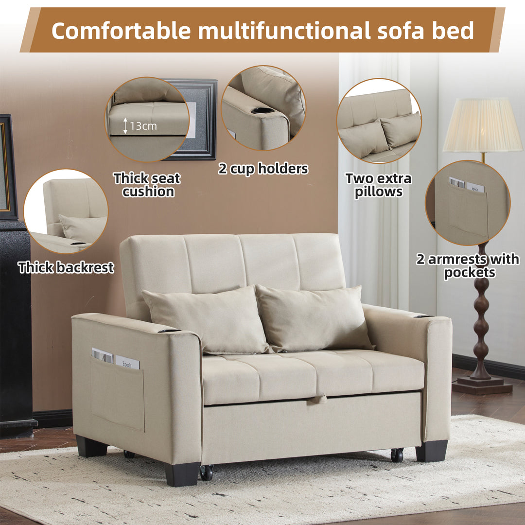 Beige fabric convertible 2-seater pull-out sofa bed, adjustable backrest, storage pockets CLOUDSTONE