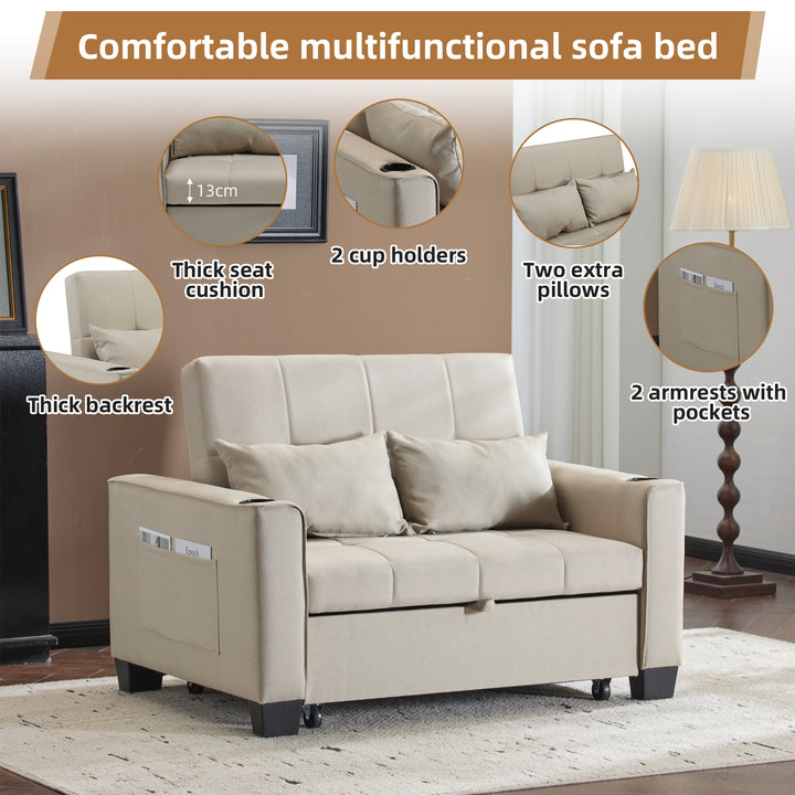 Beige fabric convertible 2-seater pull-out sofa bed, adjustable backrest, storage pockets CLOUDSTONE