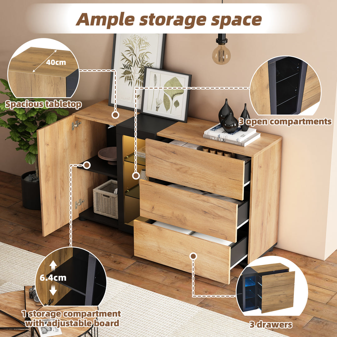 Wooden and Black Sideboard Cabinet with 3 Drawers, Glass Shelves and LED Lights 140 cm TRISHELF