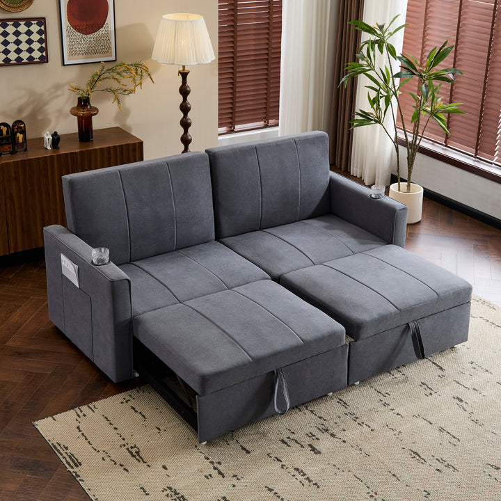 Gray fabric convertible 2-seater pull-out sofa bed, adjustable backrest, storage pockets FROSTPOINT