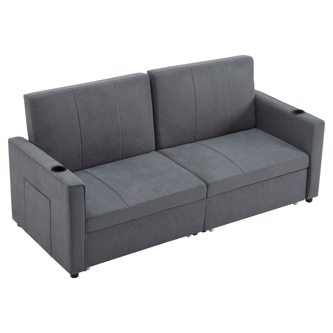 Gray fabric convertible 2-seater pull-out sofa bed, adjustable backrest, storage pockets FROSTPOINT