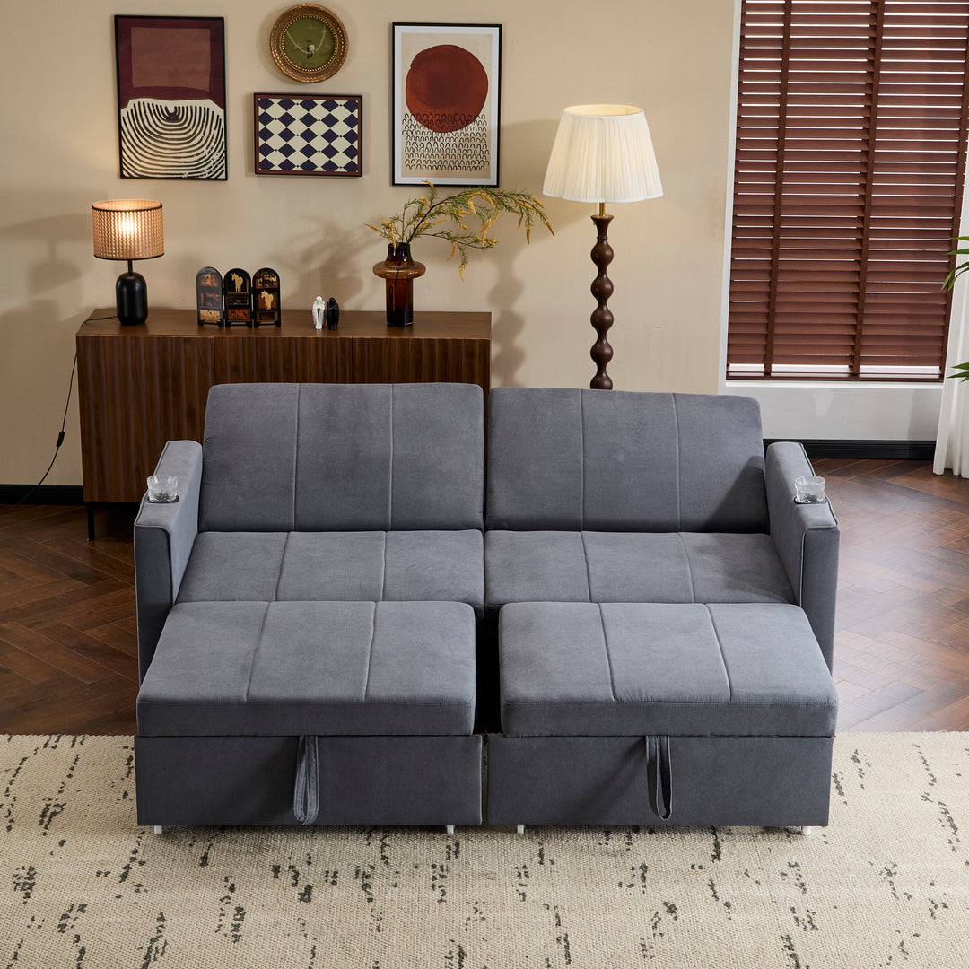Gray fabric convertible 2-seater pull-out sofa bed, adjustable backrest, storage pockets FROSTPOINT