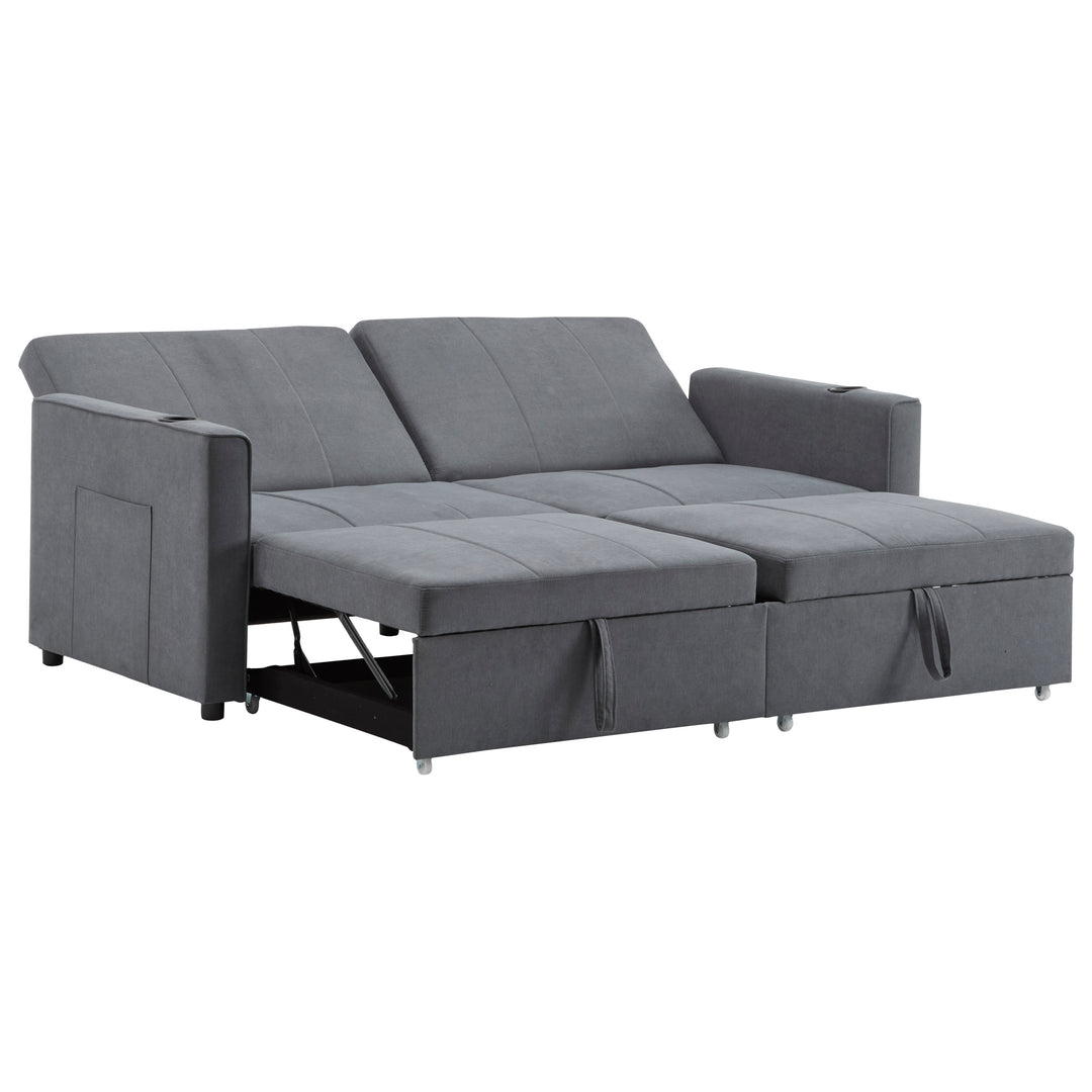 Gray fabric convertible 2-seater pull-out sofa bed, adjustable backrest, storage pockets FROSTPOINT