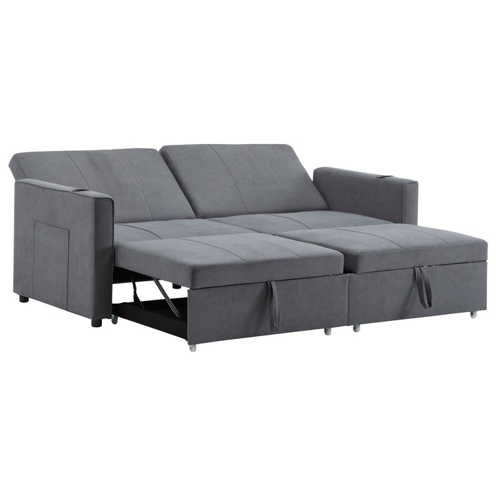 Gray fabric convertible 2-seater pull-out sofa bed, adjustable backrest, storage pockets FROSTPOINT