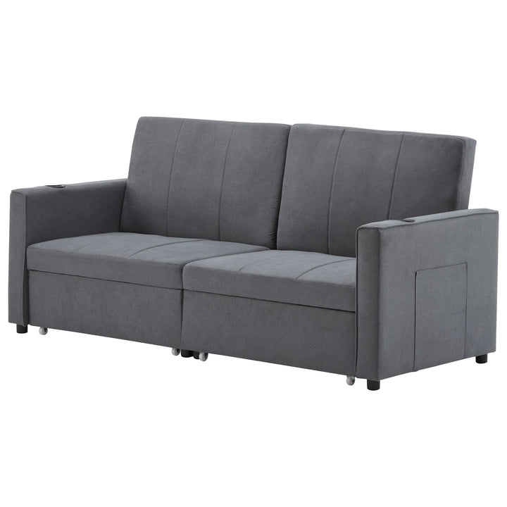 Gray fabric convertible 2-seater pull-out sofa bed, adjustable backrest, storage pockets FROSTPOINT