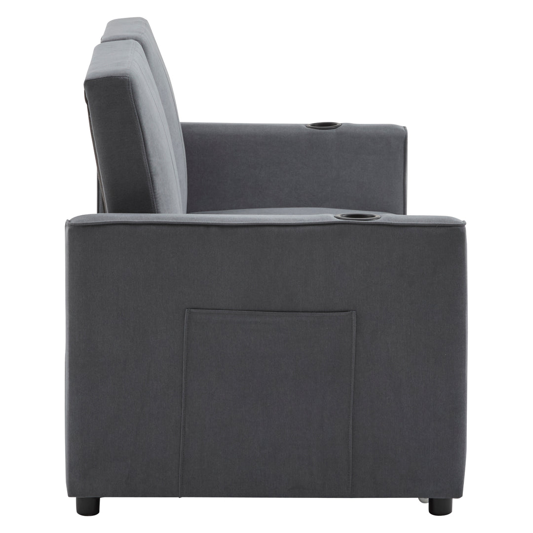 Gray fabric convertible 2-seater pull-out sofa bed, adjustable backrest, storage pockets FROSTPOINT