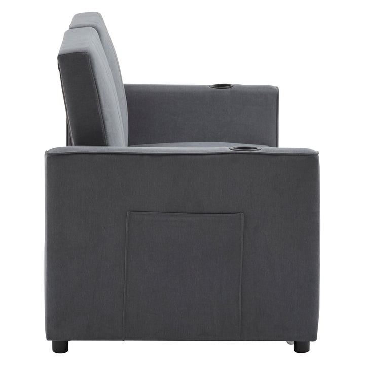 Gray fabric convertible 2-seater pull-out sofa bed, adjustable backrest, storage pockets FROSTPOINT