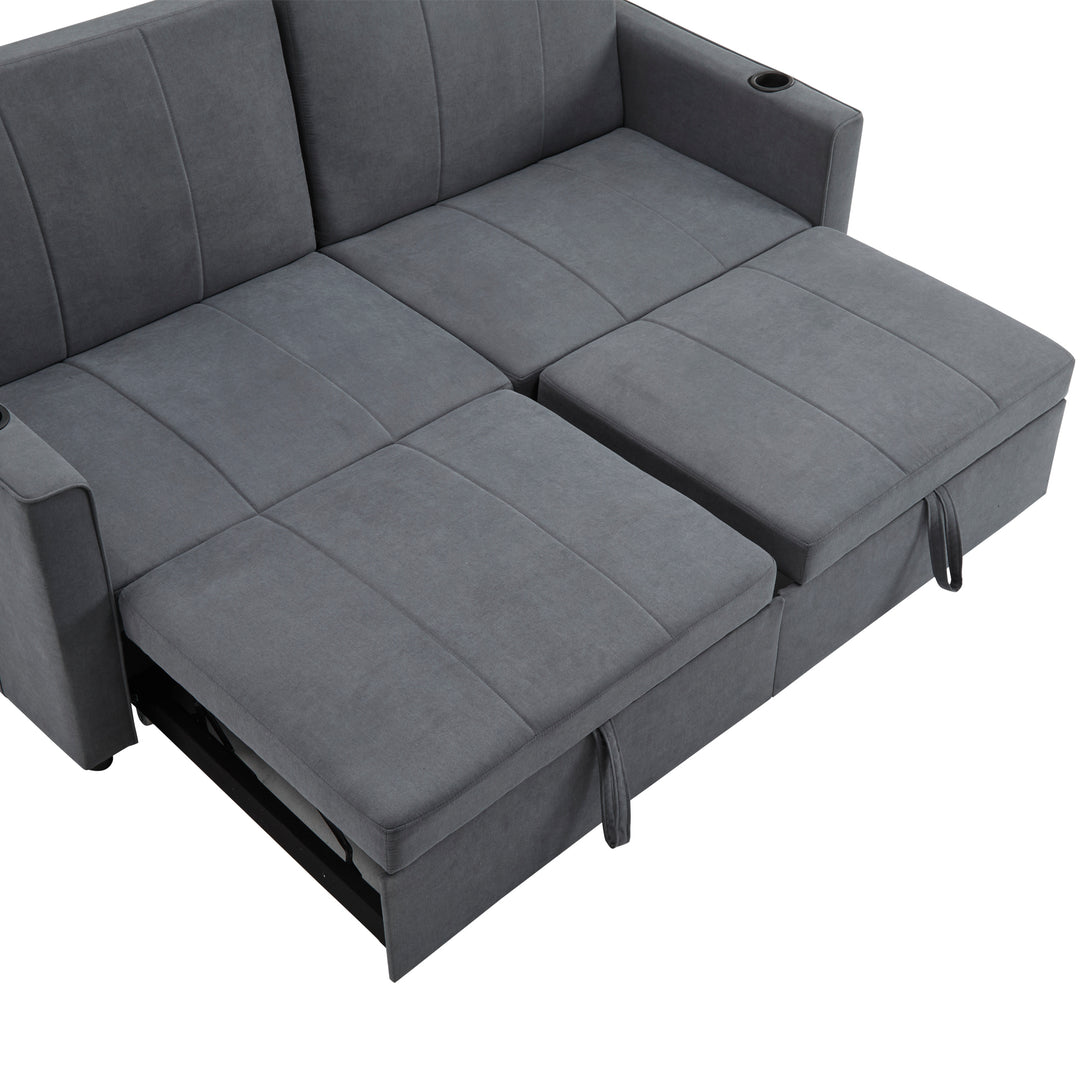 Gray fabric convertible 2-seater pull-out sofa bed, adjustable backrest, storage pockets FROSTPOINT