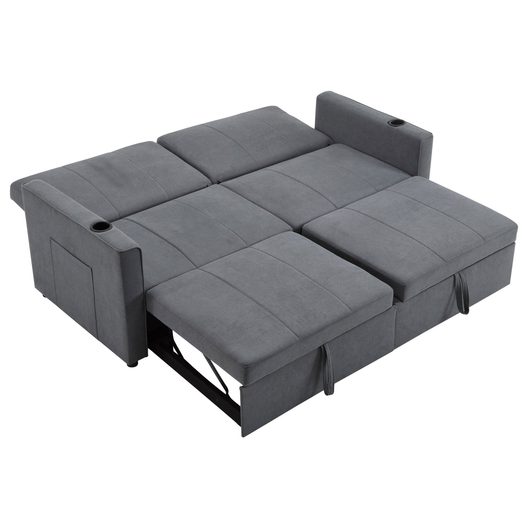 Gray fabric convertible 2-seater pull-out sofa bed, adjustable backrest, storage pockets FROSTPOINT