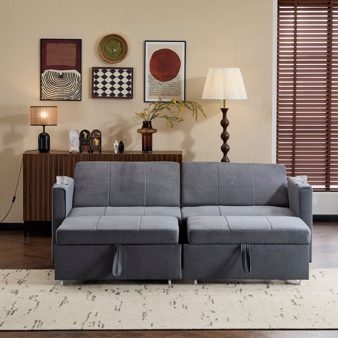 Gray fabric convertible 2-seater pull-out sofa bed, adjustable backrest, storage pockets FROSTPOINT