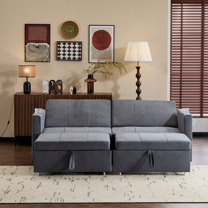 Gray fabric convertible 2-seater pull-out sofa bed, adjustable backrest, storage pockets FROSTPOINT
