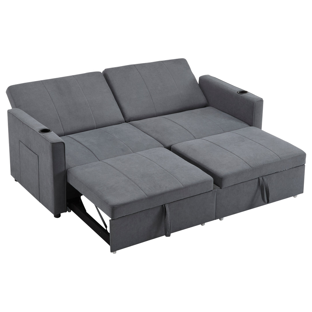 Gray fabric convertible 2-seater pull-out sofa bed, adjustable backrest, storage pockets FROSTPOINT