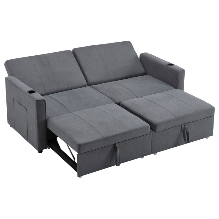 Gray fabric convertible 2-seater pull-out sofa bed, adjustable backrest, storage pockets FROSTPOINT