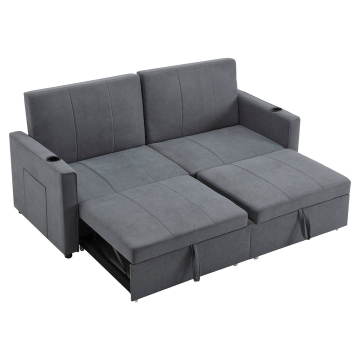 Gray fabric convertible 2-seater pull-out sofa bed, adjustable backrest, storage pockets FROSTPOINT