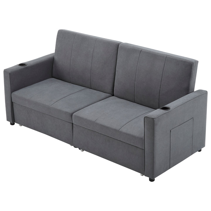Gray fabric convertible 2-seater pull-out sofa bed, adjustable backrest, storage pockets FROSTPOINT