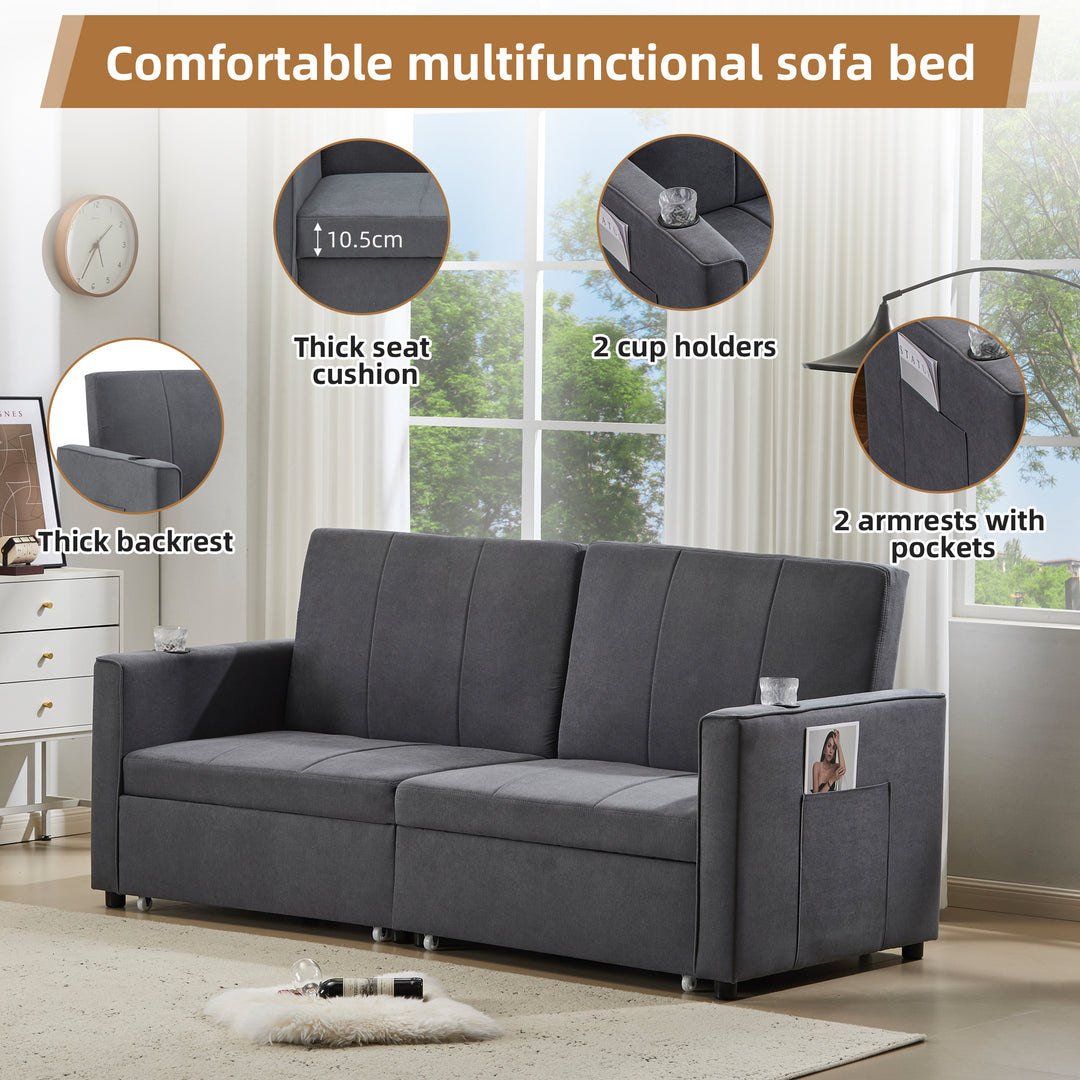 Gray fabric convertible 2-seater pull-out sofa bed, adjustable backrest, storage pockets FROSTPOINT