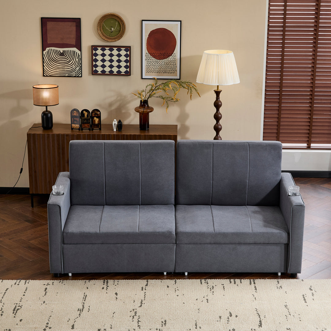 Gray fabric convertible 2-seater pull-out sofa bed, adjustable backrest, storage pockets FROSTPOINT