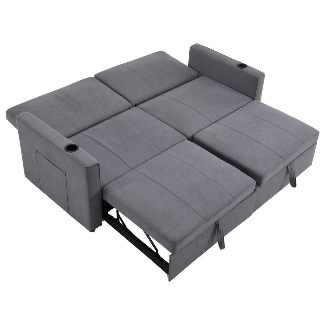 Gray fabric convertible 2-seater pull-out sofa bed, adjustable backrest, storage pockets FROSTPOINT