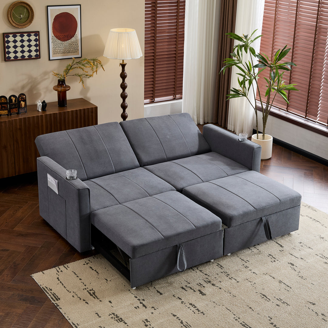 Gray fabric convertible 2-seater pull-out sofa bed, adjustable backrest, storage pockets FROSTPOINT