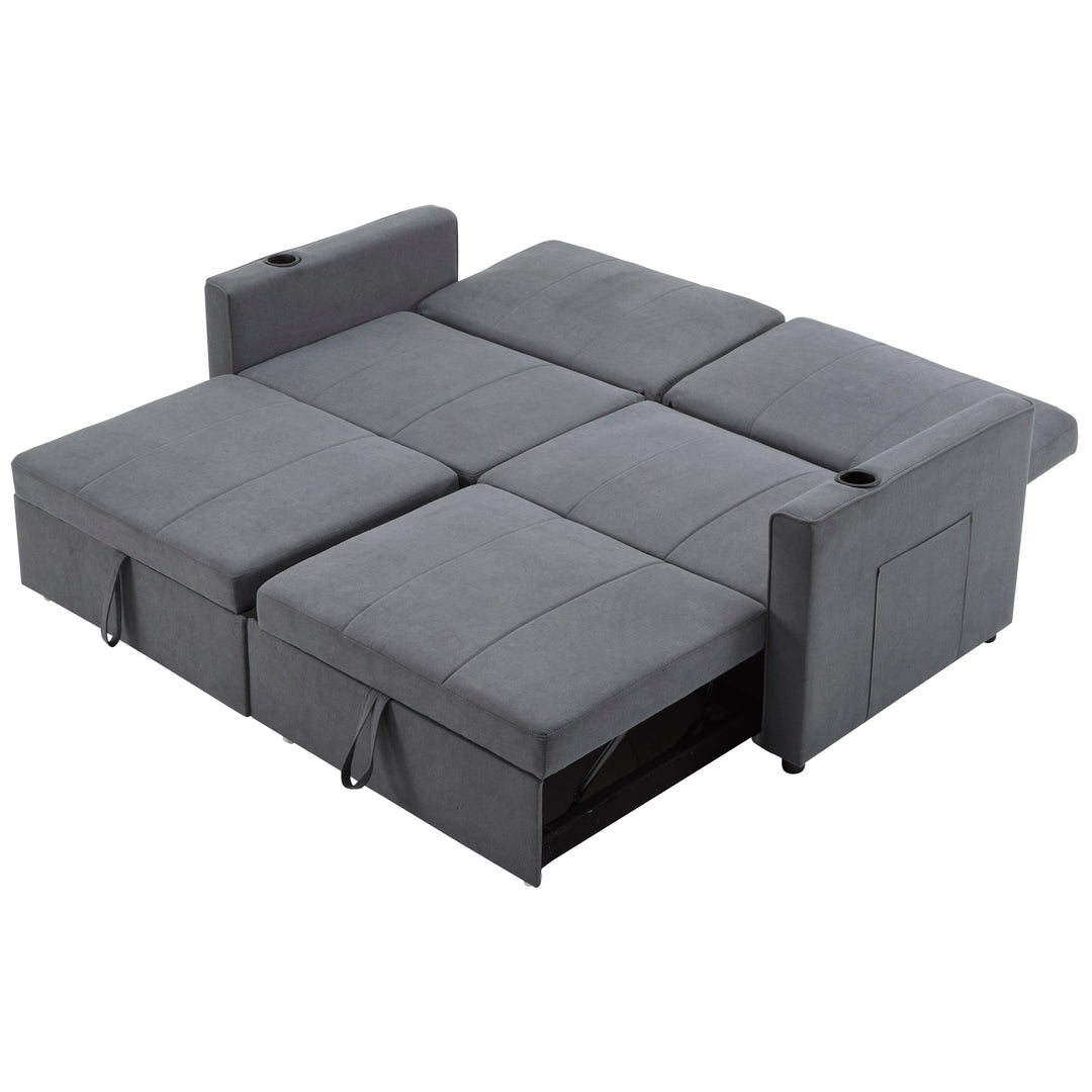 Gray fabric convertible 2-seater pull-out sofa bed, adjustable backrest, storage pockets FROSTPOINT