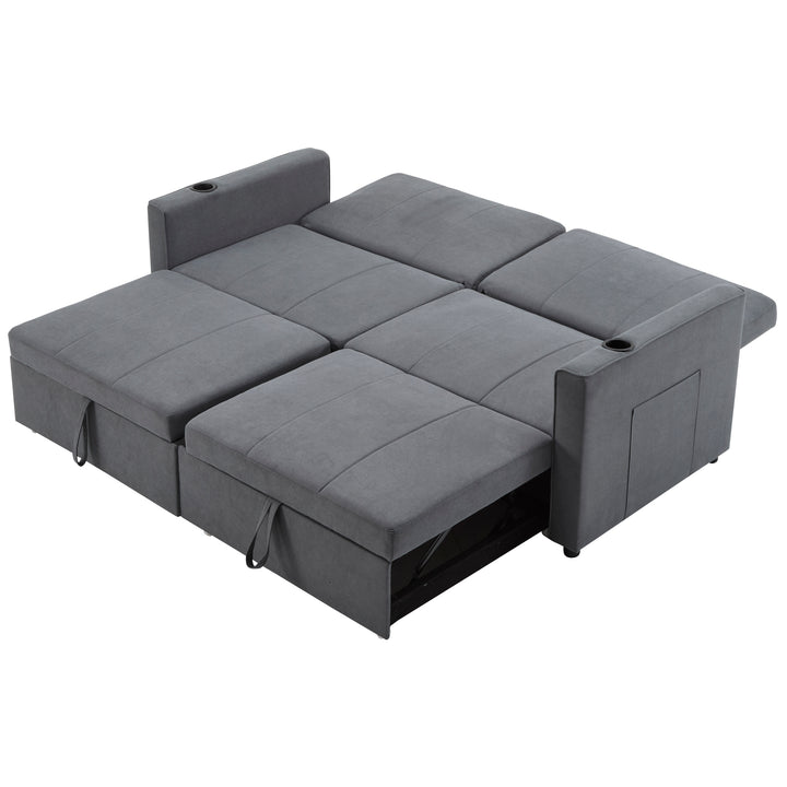 Gray fabric convertible 2-seater pull-out sofa bed, adjustable backrest, storage pockets FROSTPOINT