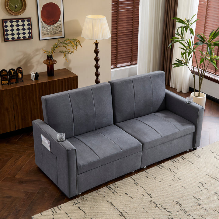Gray fabric convertible 2-seater pull-out sofa bed, adjustable backrest, storage pockets FROSTPOINT