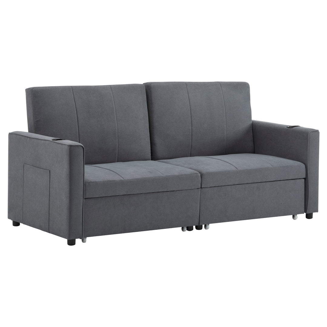 Gray fabric convertible 2-seater pull-out sofa bed, adjustable backrest, storage pockets FROSTPOINT