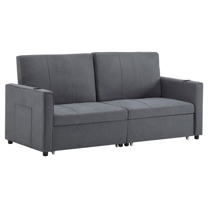 Gray fabric convertible 2-seater pull-out sofa bed, adjustable backrest, storage pockets FROSTPOINT