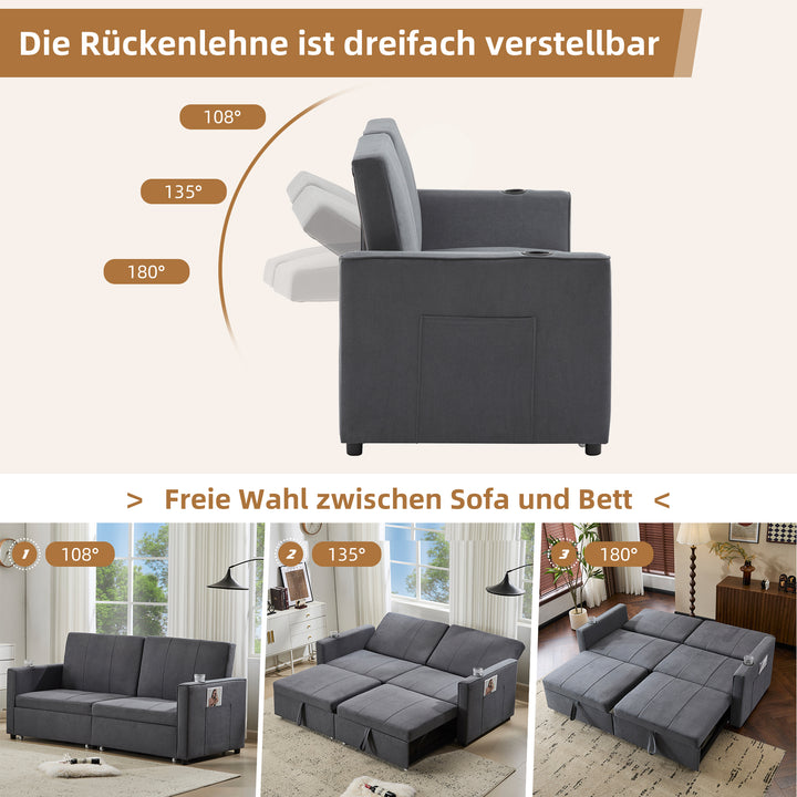 Gray fabric convertible 2-seater pull-out sofa bed, adjustable backrest, storage pockets FROSTPOINT