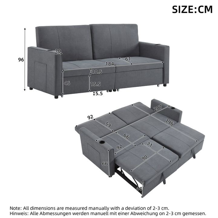 Gray fabric convertible 2-seater pull-out sofa bed, adjustable backrest, storage pockets FROSTPOINT