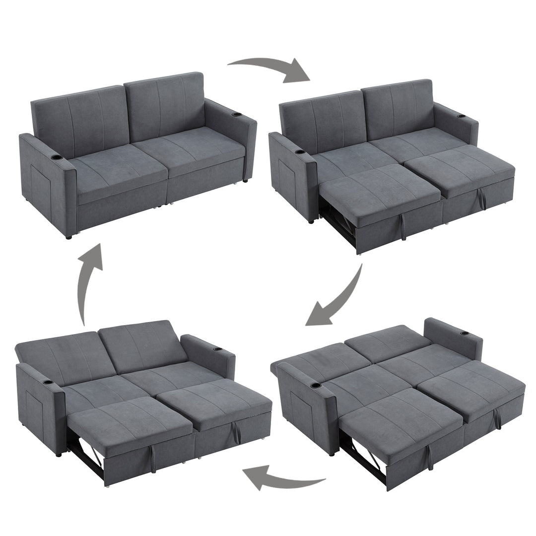 Gray fabric convertible 2-seater pull-out sofa bed, adjustable backrest, storage pockets FROSTPOINT